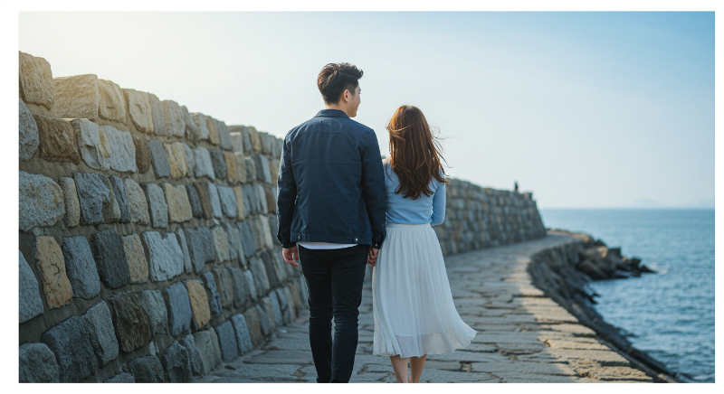 한담 바다길 돌담을 따라 걷는 한국인 커플의 로맨틱한 뒷모습
