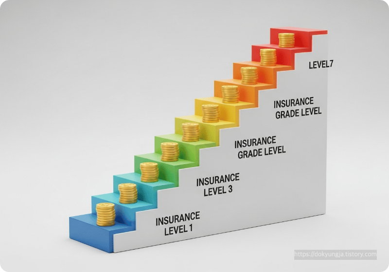 7단계 계단과 각 단계마다 증가하는 동전으로 표현한 보험 등급별 혜택 인포그래픽