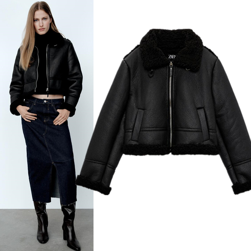 자라 에코 레더 퍼 무스탕 크롭 가죽 라이더 숏 자켓