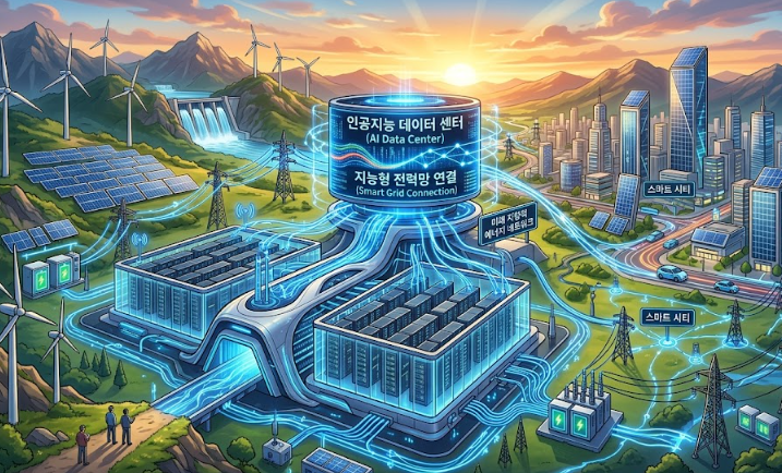 AI 데이터 센터와 전력망이 연결된 미래지향적 일러스트