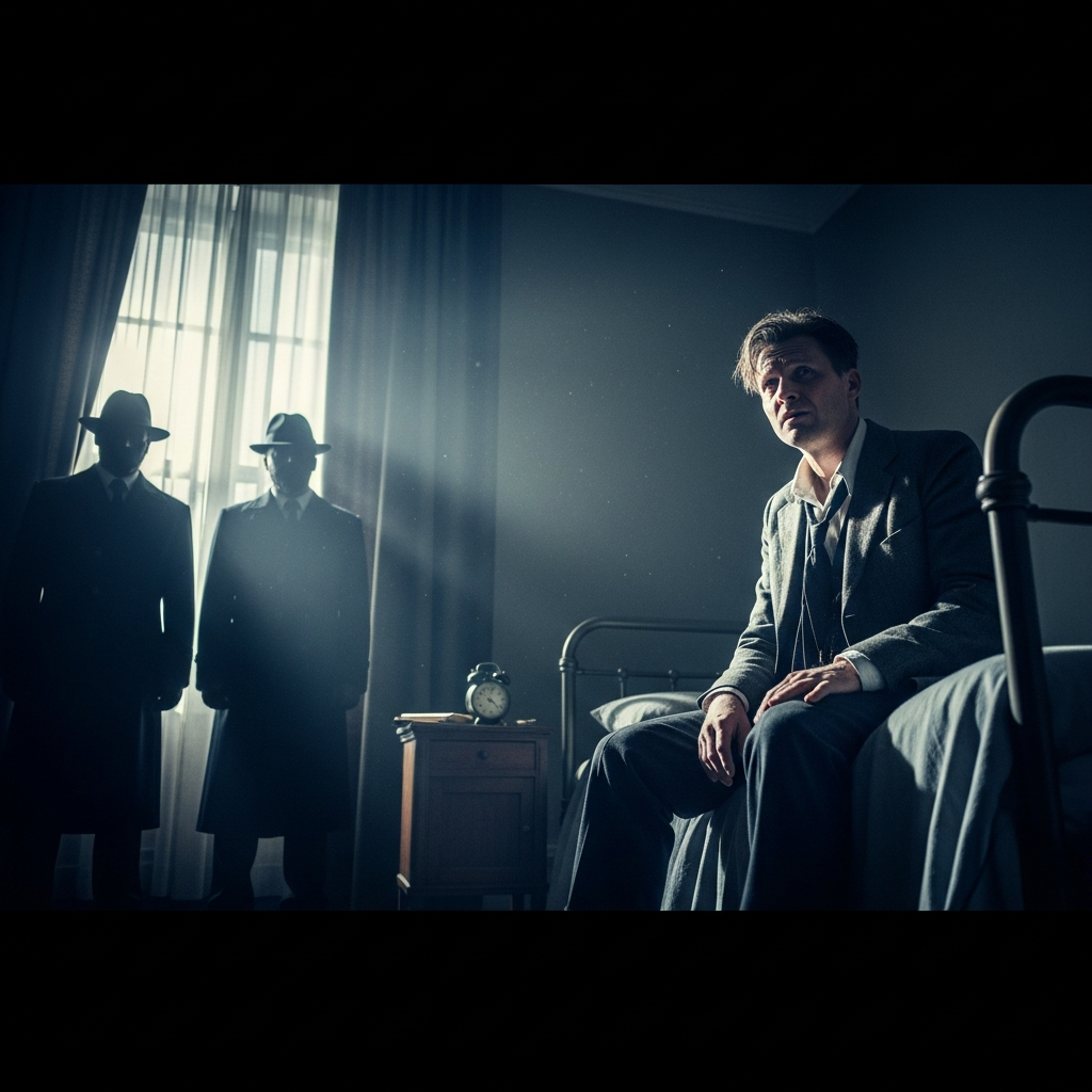 아침 침대에서 낯선 감시원들을 맞이하는 당황한 요제프 K