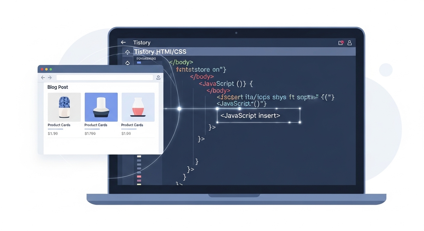 티스토리 스킨 HTML 편집 화면. 바디 태그에 자바스크립트 코드를 삽입하는 모습.