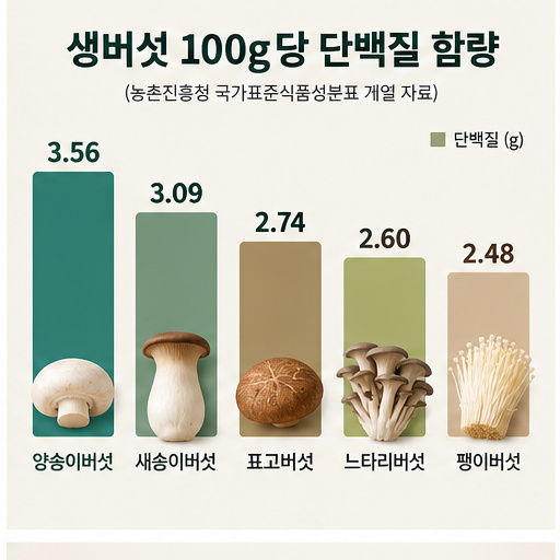 생 양송이 새송이 느타리 팽이 표고버섯 100g당 단백질 함량 비교 그래프
