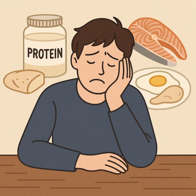 단백질 음식을 배경으로 우울한 표정의 남성이 책상 앞에서 고개를 숙인 모습을 상징적으로 표현한 일러스트