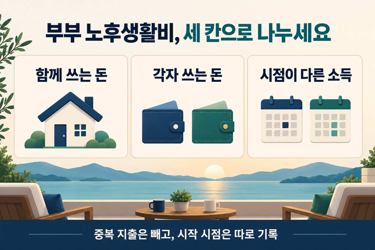 부부 노후생활비를 공통지출, 개인지출, 시작 시점이 다른 소득으로 구분하는 도표