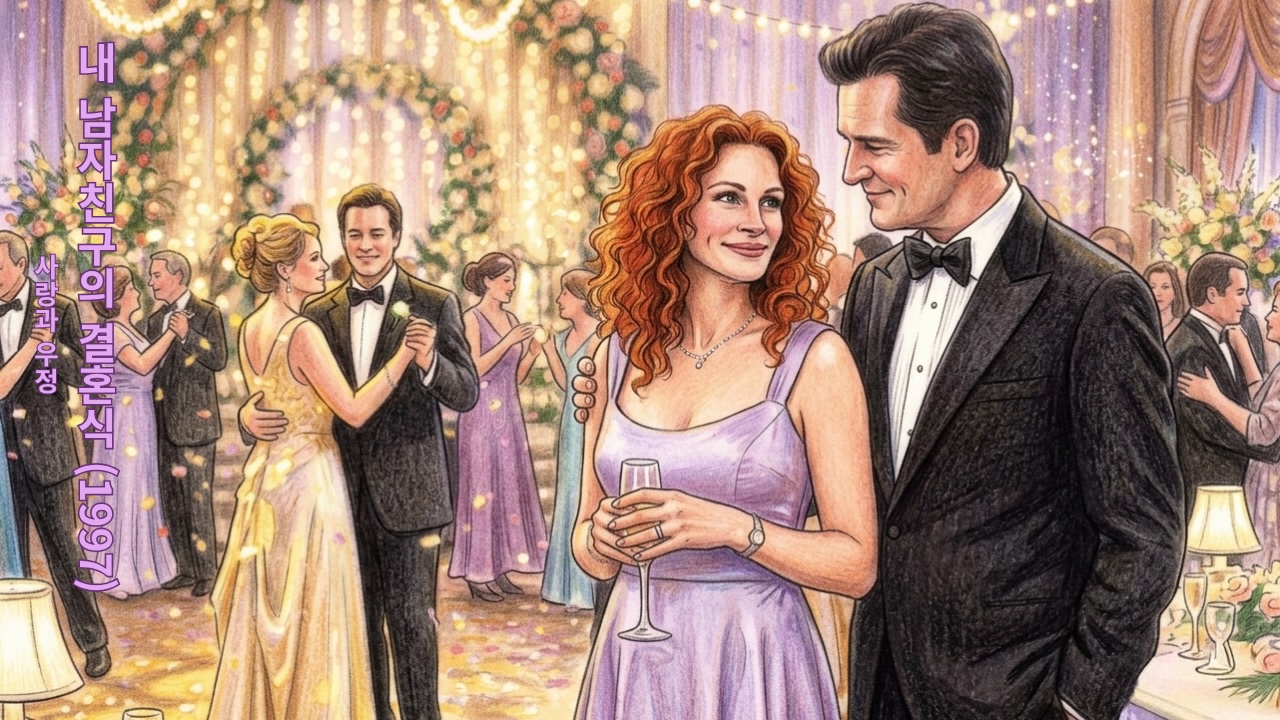 내 남자친구의 결혼식91997) 커스텀 일러스트 썸네일. 부드러운 수채화 질감의 화려한 결혼식 피로연장. 라벤더색 드레스를 입은 줄리안이 씁쓸하게 웃고 있고, 친구 조지가 다정한 시선으로 그녀를 바라보는 일러스트 썸네일.
