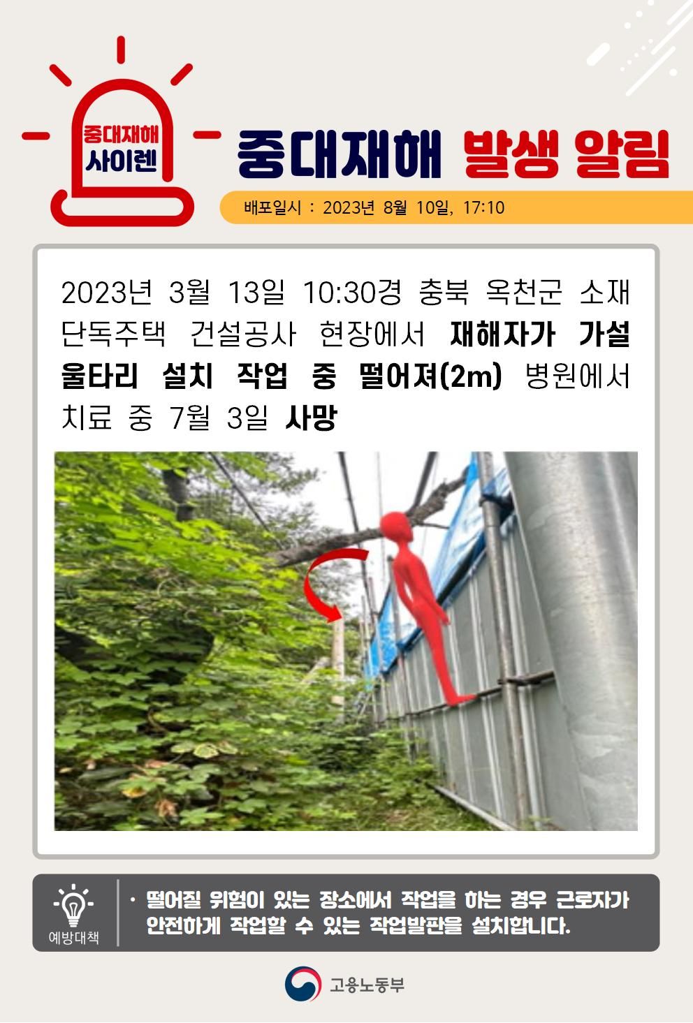 가설 울타리 설치 작업 중 떨어짐(2m)