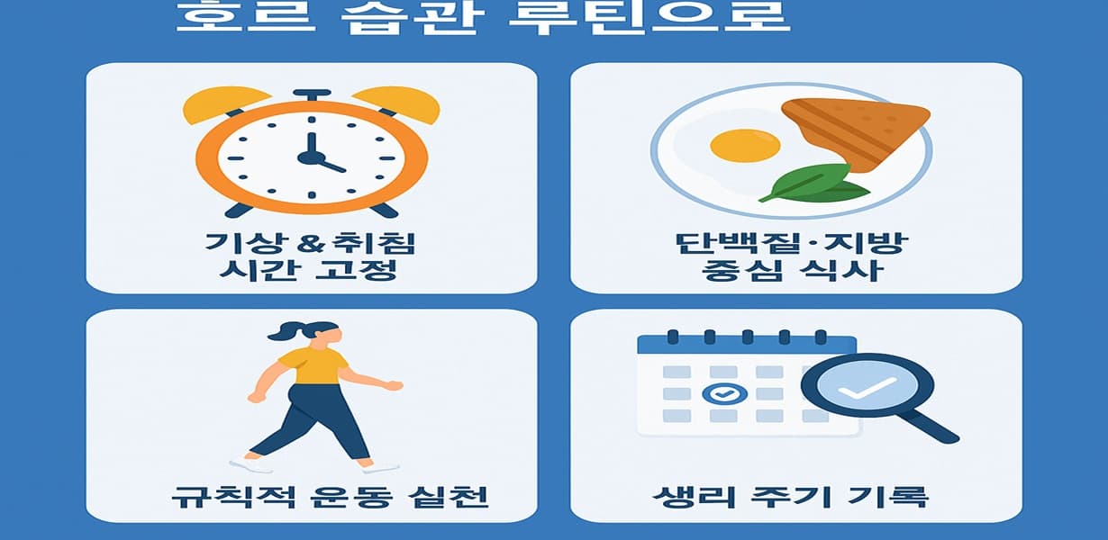 “생리 리듬 회복을 위한 생활 습관 루틴을 정리한 인포그래픽 이미지”