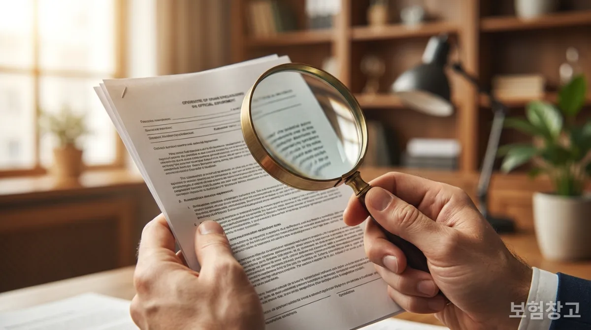 보험 약관을 돋보기로 꼼꼼히 확인하는 손