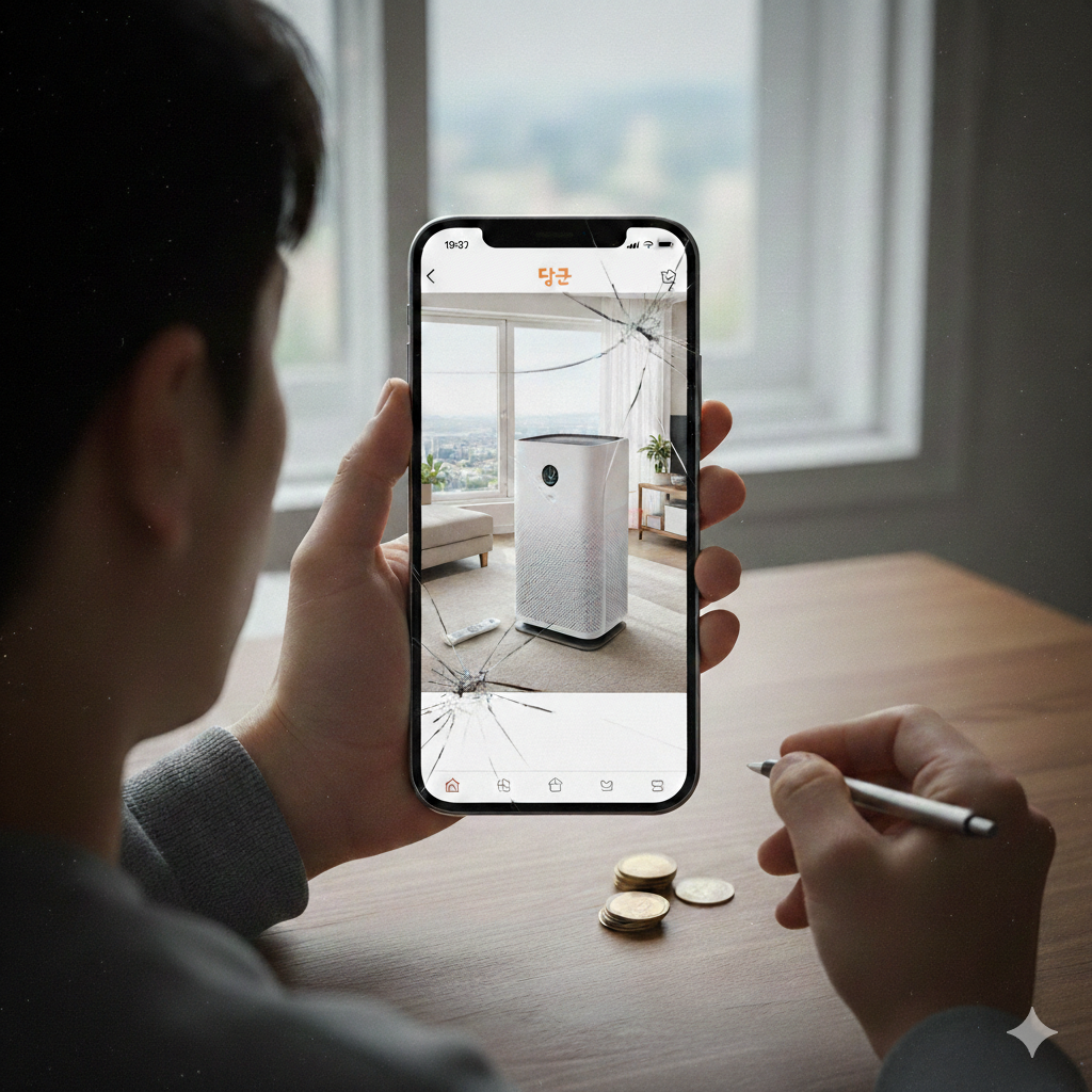 AI 생성 가짜 매물과 중고 사기를 경계하는 사용자의 모습을 상징하는 이미지