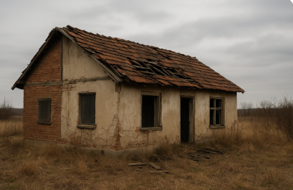 회색 하늘 아래 황량한 벌판에 위치한 오래된 붉은 벽돌과 회벽으로 이루어진 단층 폐가.