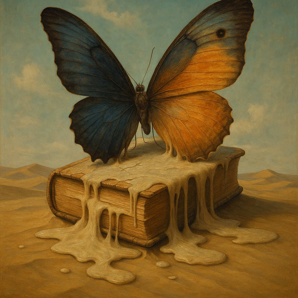 ChatGPT Image 사막의 녹아내리는 낡은책과 아주 거대한 나비, 초현실주의, 꿈같은 분위기