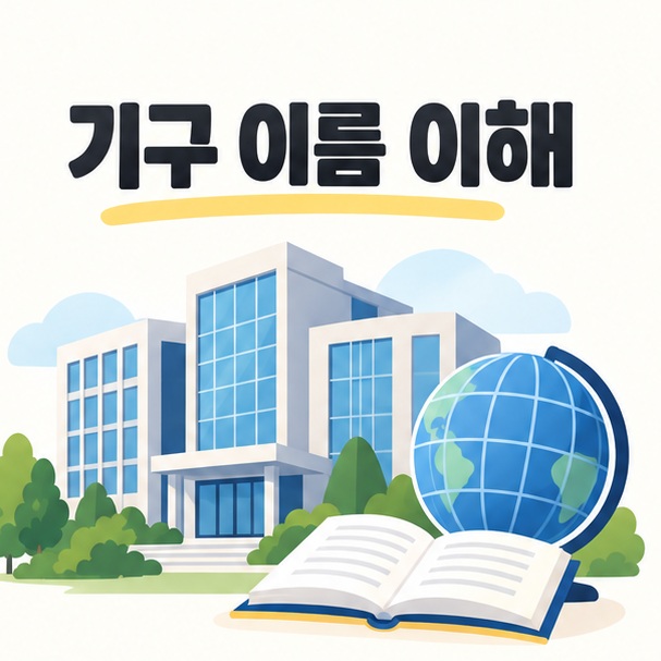 국제기구 건물과 책을 통해 AMRO의 이름과 성격을 설명하는 그림
