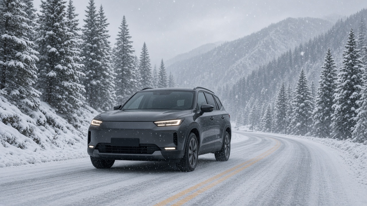 눈 덮인 산길을 천천히 달리는 상표 없는 SUV