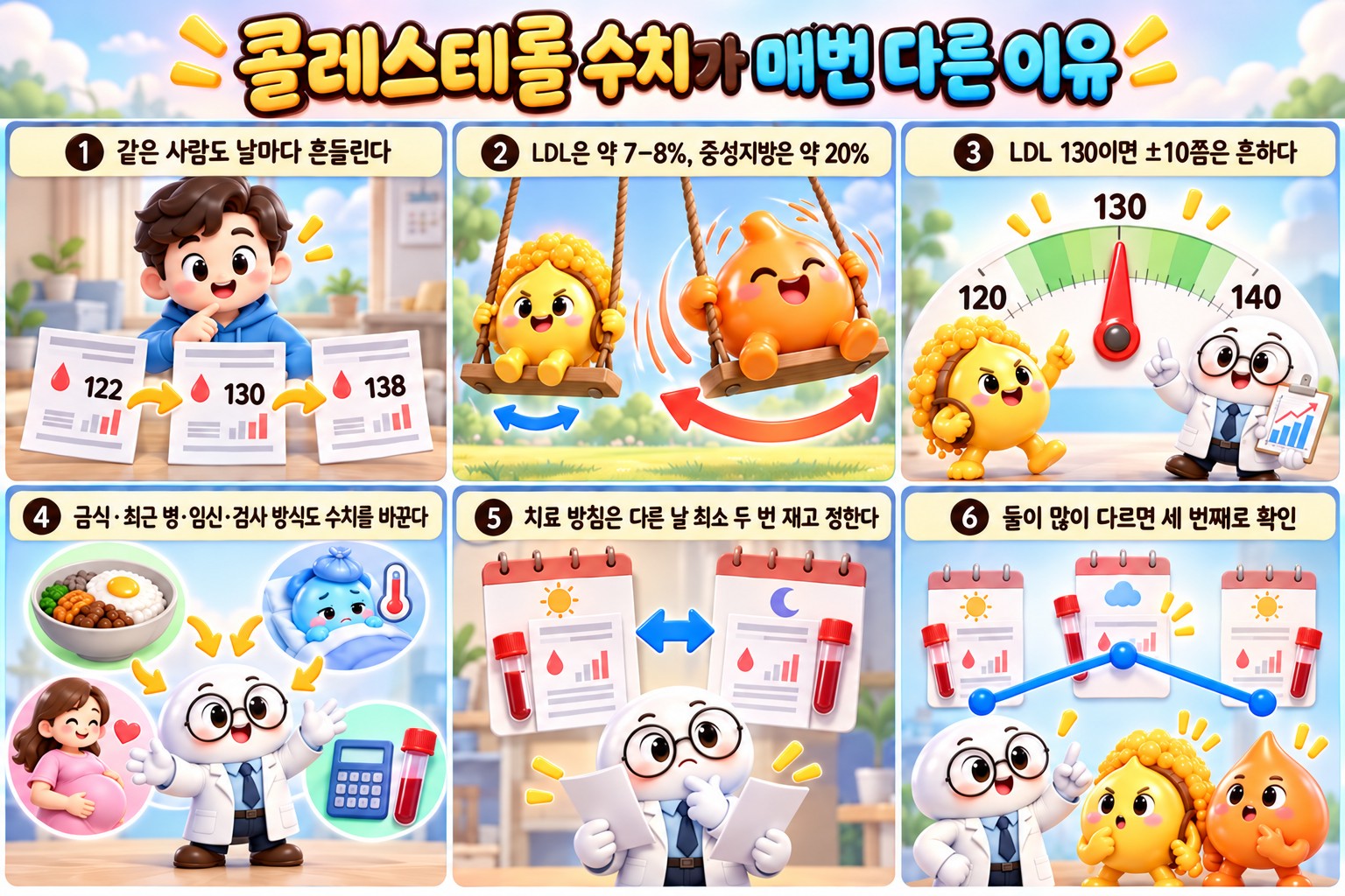 콜레스테롤 수치가 검사마다 달라지는 이유를 6칸으로 그린 설명 만화