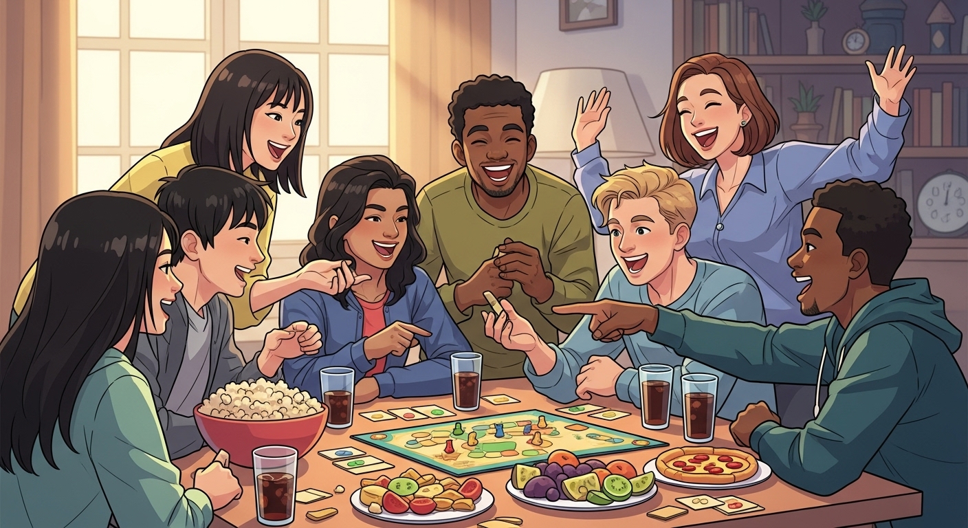 친한 친구들과 함께 보드게임을 하며 활짝 웃는 다양한 국적의 젊은이들, 테이블 위에는 맛있는 간식들이 놓여 있고, 전체적으로 밝고 경쾌한 분위기의 디지털 아트.