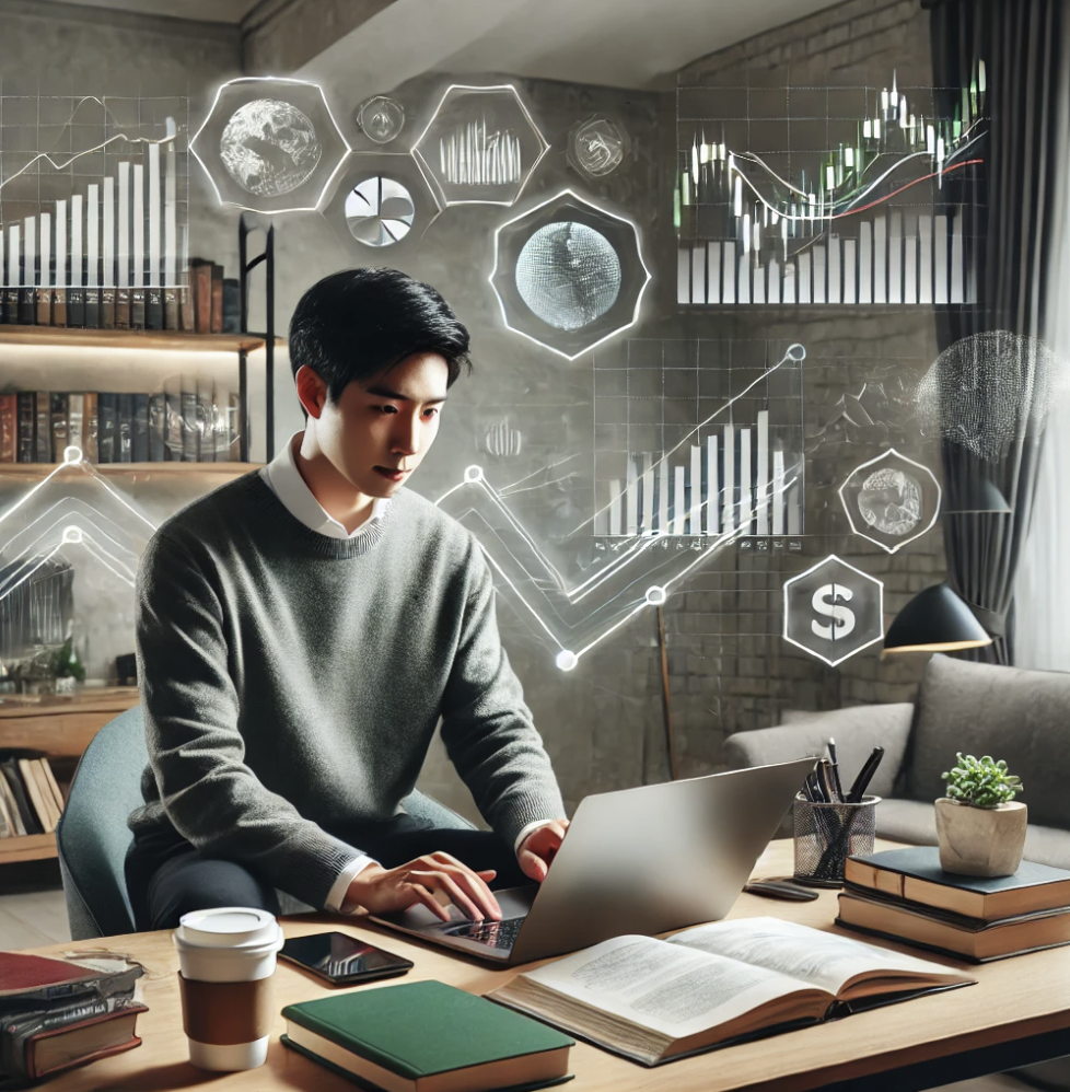 주식 차트를 분석하며 재무 서적과 메모를 사용하는 젊은 투자자. 