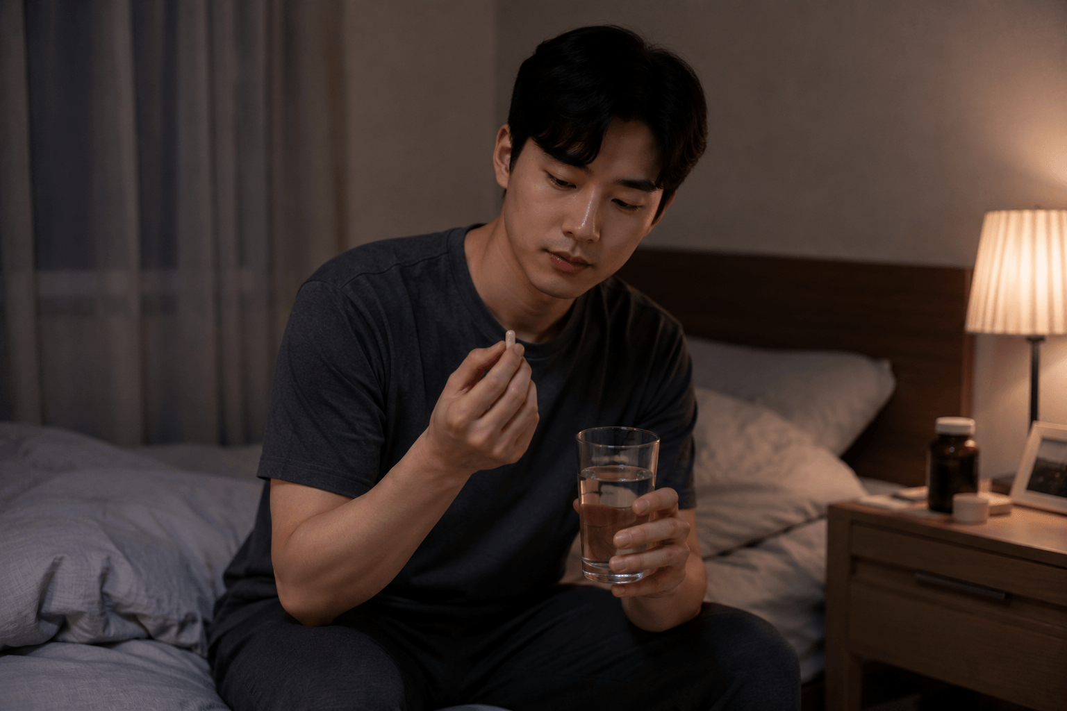 취침 전 가바(GABA) 영양제를 섭취하는 모습