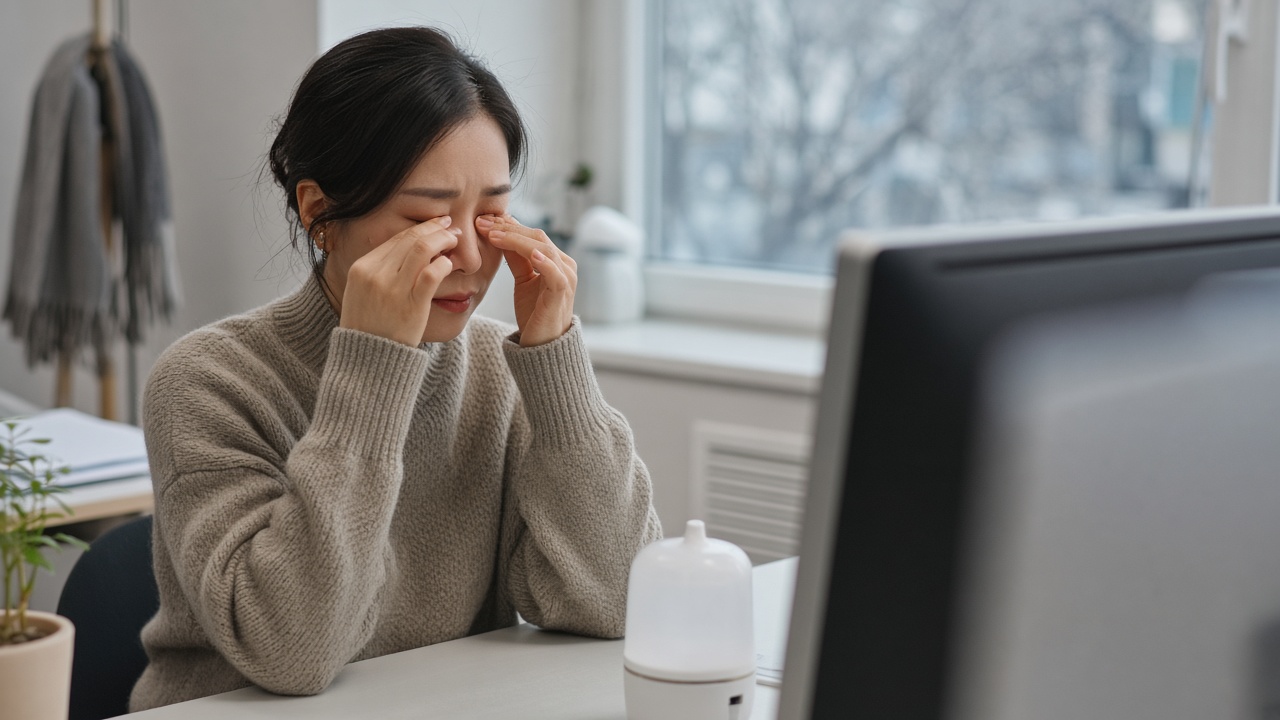 겨울 사무실 모니터 앞에서 건조한 눈을 비비는 직장인