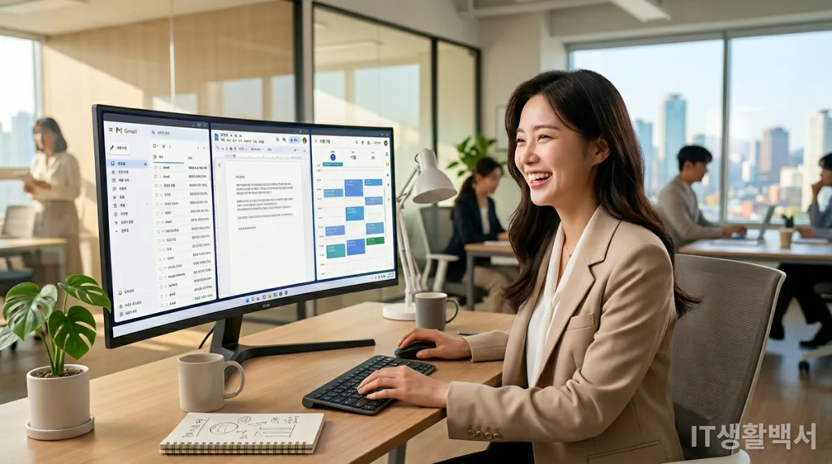 구글 제미나이가 지메일, 구글 문서 등 구글 워크스페이스 앱과 매끄럽게 연동되는 현대적인 한국 사무실 풍경