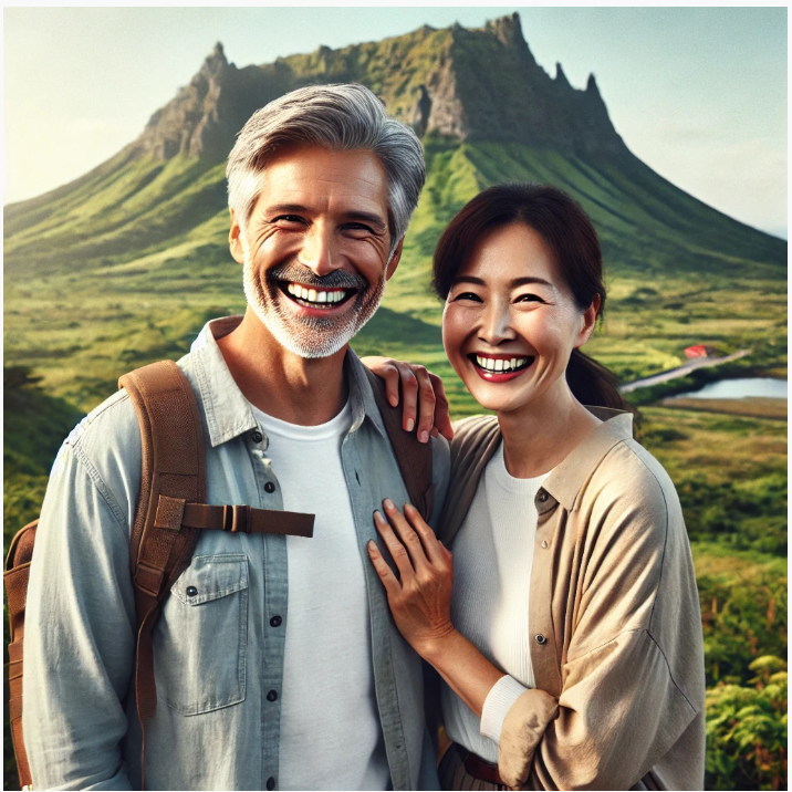 한국 제주도 성산 일출봉을 여행하는 은퇴한 부부