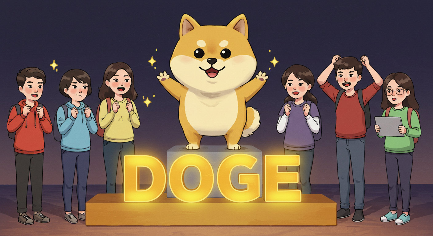 도지코인과 커뮤니티 열기를 상징하는 시바견 캐릭터와 투자자들