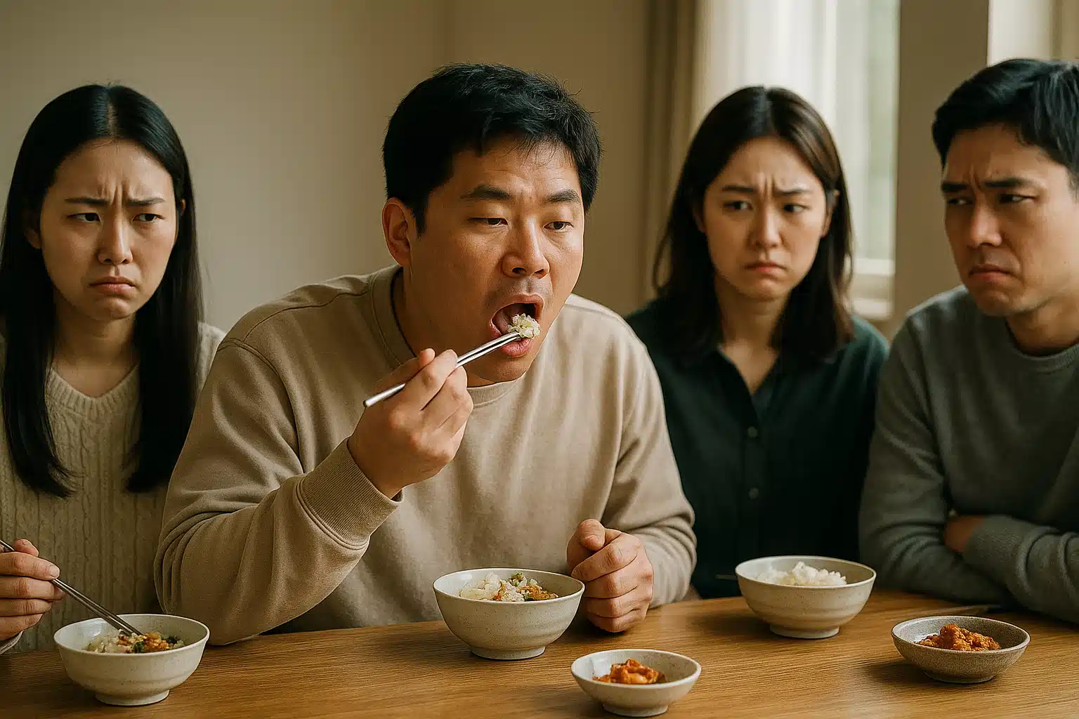 조용한 식탁에서 누군가 음식을 씹는 소리가 크게 들려 불편해하는 사람들의 표정