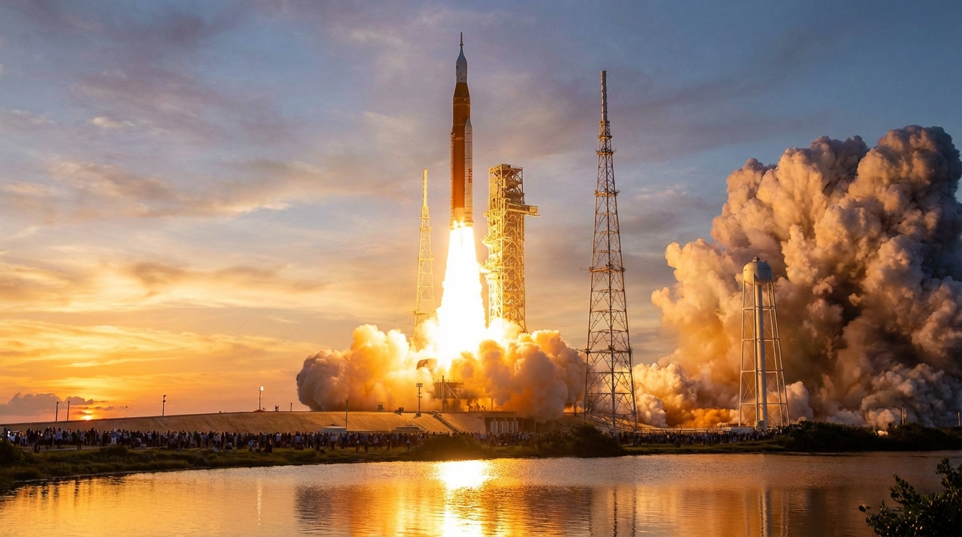 케네디 우주센터에서 발사되는 강력한 아르테미스 SLS 로켓의 장엄한 순간