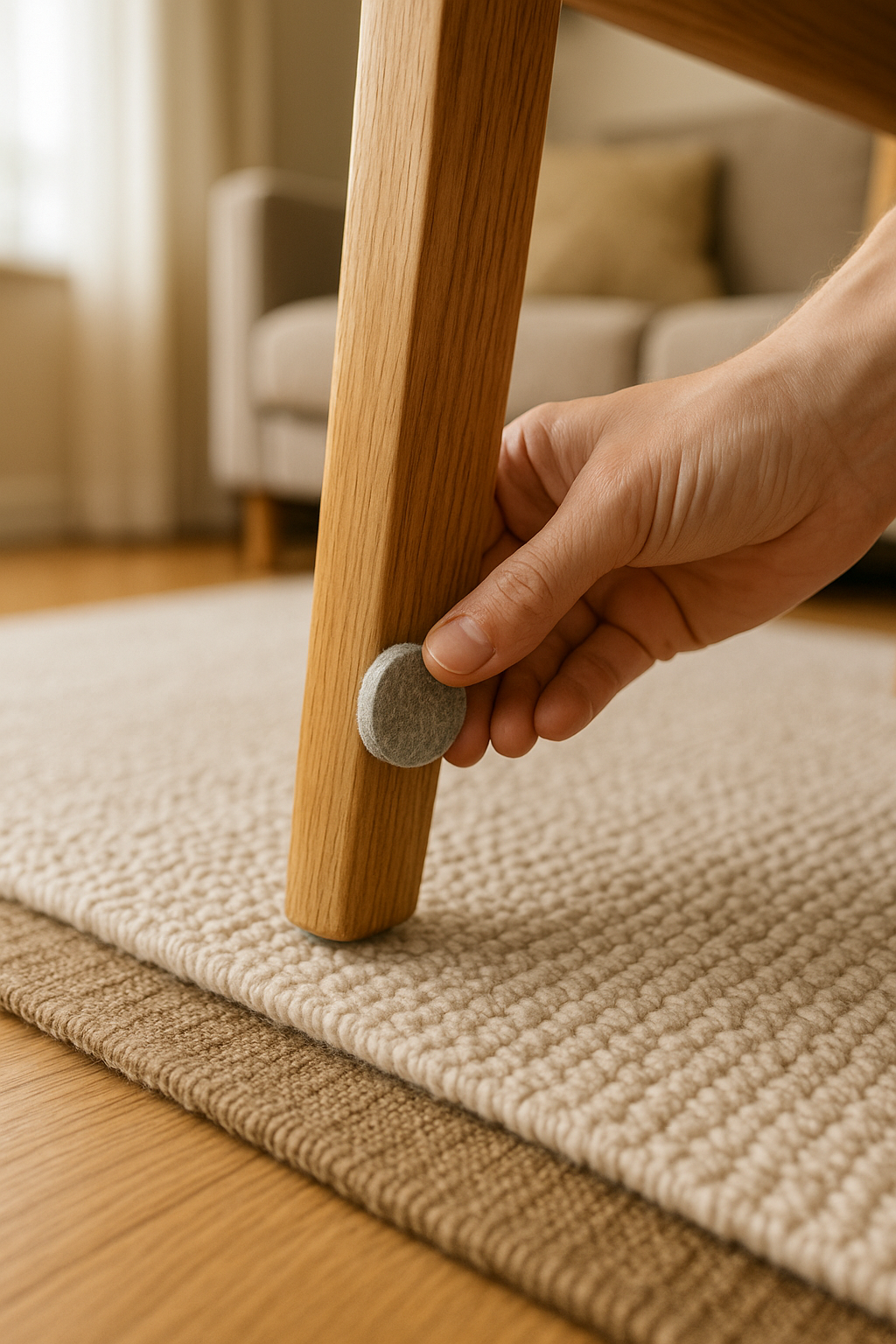 거실 의자 다리 하단에 펠트패드를 부착하는 손, 러그와 이중 매트가 보임