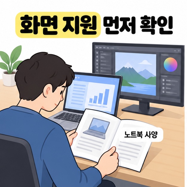 화면 지원 먼저 확인이라는 제목 아래 노트북과 외부 모니터 앞에서 노트북 사양 안내서를 읽는 모습