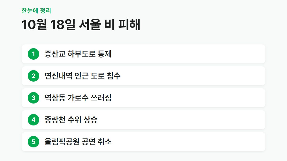 10월 18일 서울 곳곳 침수와 강풍 피해 지역을 정리한 요약 카드