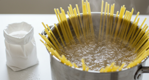 끓고 있는 냄비에 파스타면이 담겨 있다.