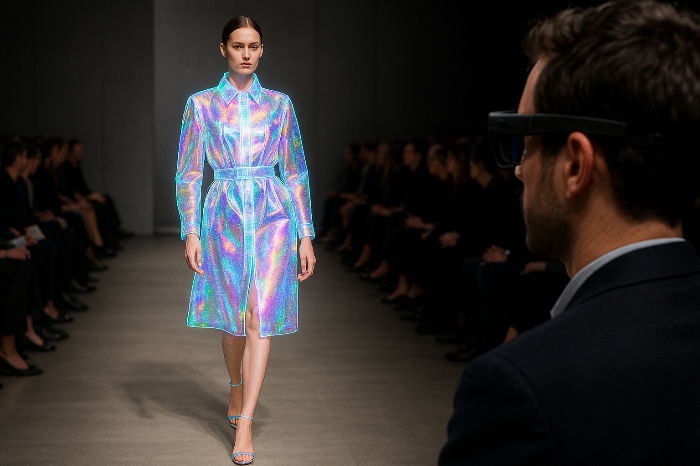 디지털 아바타와 현실 모델이 마주 선 장면