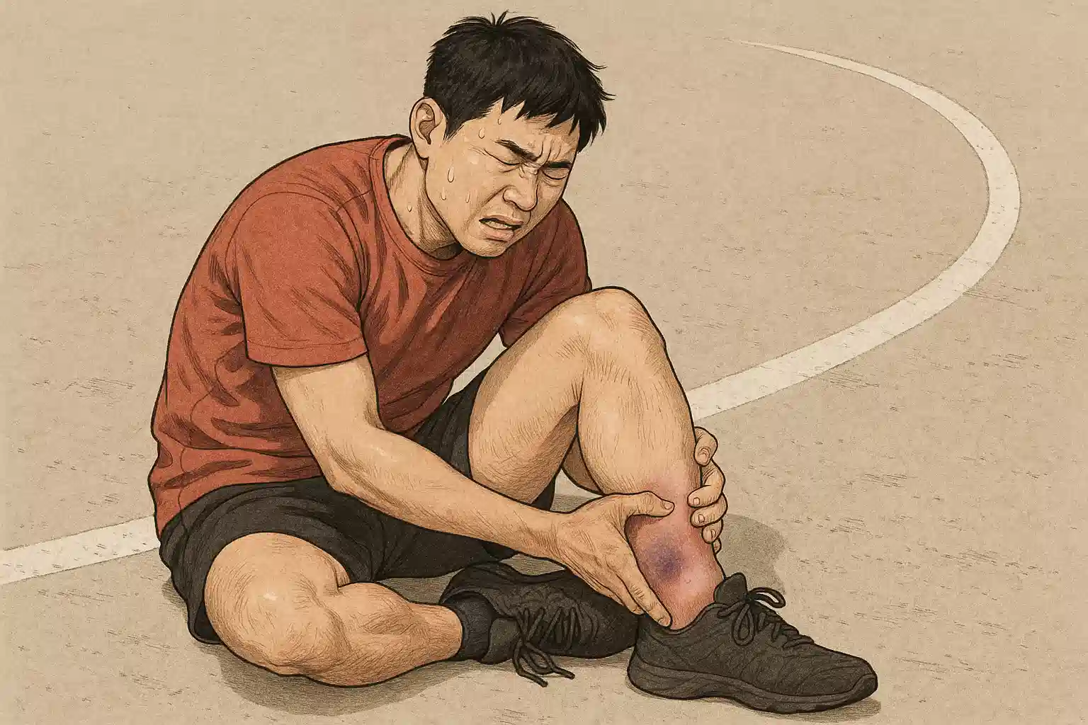 운동 중 발을 접질리며 왼쪽 발목을 붙잡고 주저앉는 사람