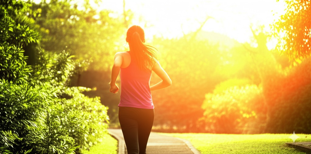 해가 떠오르는 공원에서 조깅하는 사람