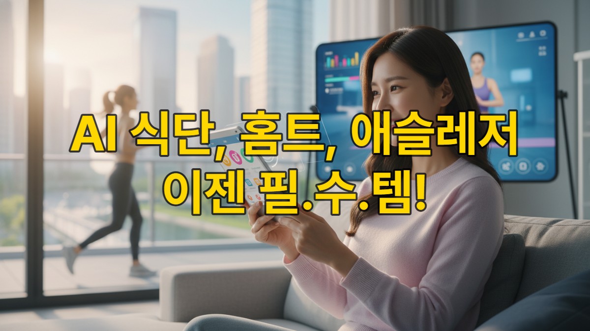 2026년 최신 식단 앱, 스마트 홈트 장비, 애슬레저 패션이 일상에 통합된 현대적인 건강 관리 트렌드를 보여주는 한국인 여성.