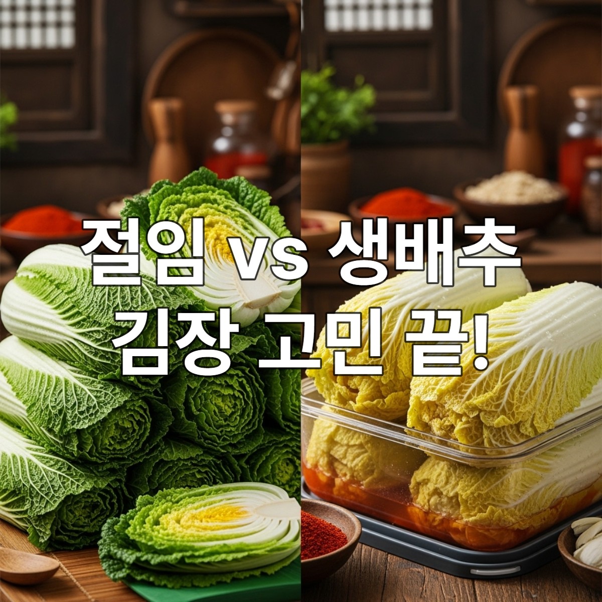 싱싱한 생배추와 편리한 절임 배추가 나란히 놓여있는 김장 풍경