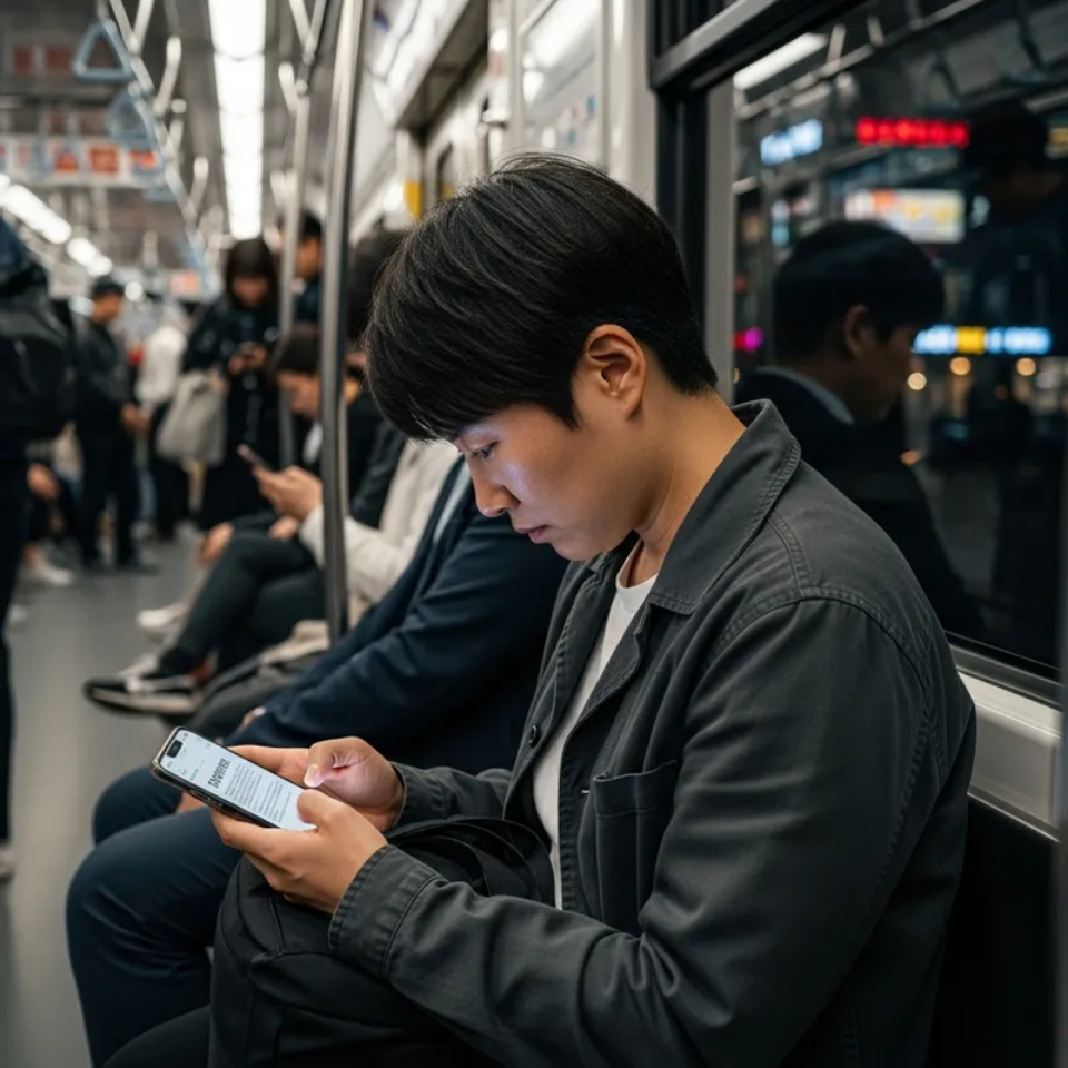 지하철에서 스마트폰으로 건강 정보를 검색하는 30대 남성