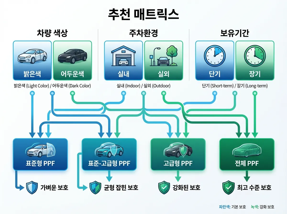 차량 색상 주차환경 보유기간별 PPF 추천 매트릭스 인포그래픽