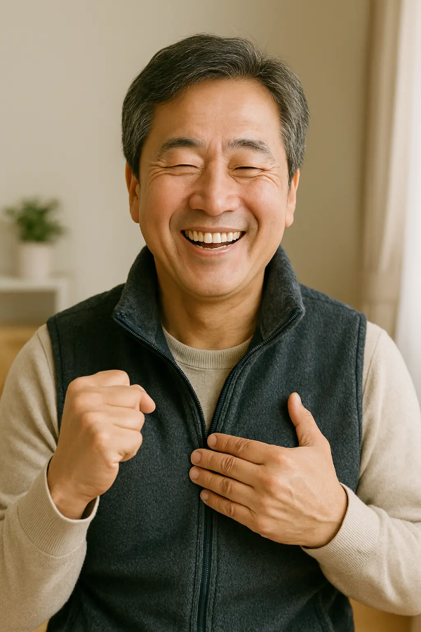 환하게 웃으며 주먹을 살짝 쥔 채 안도하는 표정의 중년 남성 인물 이미지 (텍스트 없음)