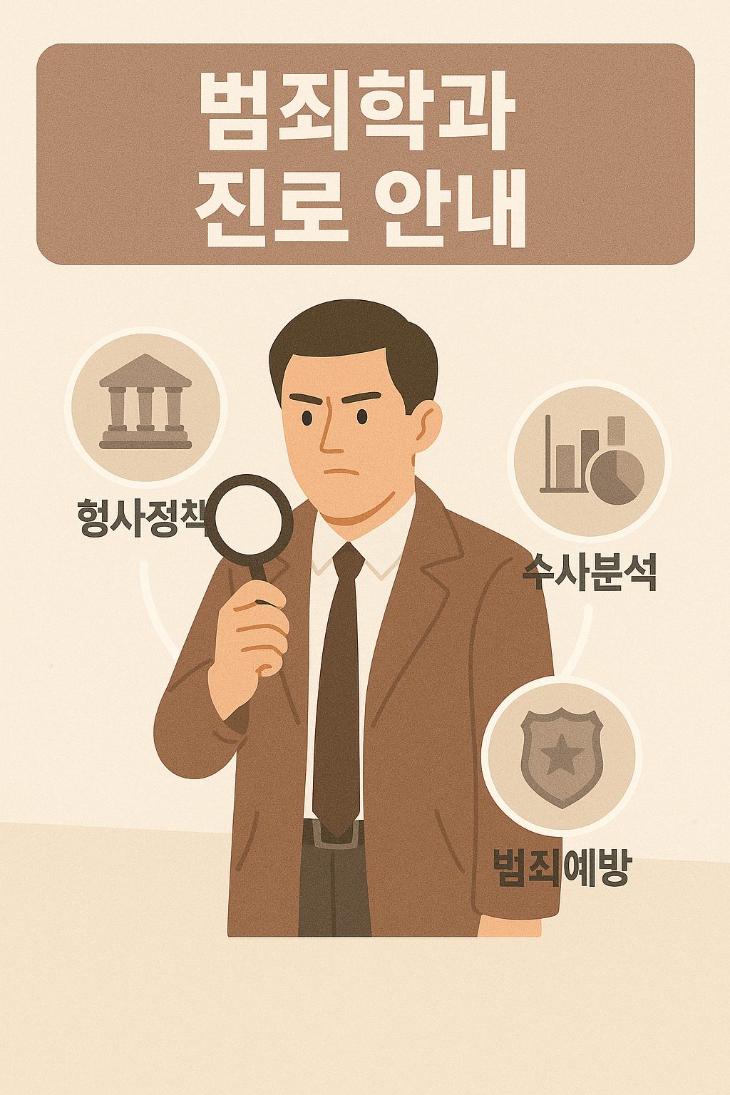 범죄학과 진로 안내 포스터. 확대경을 든 갈색 양복의 남성이 중심에 있고, 주변에는 '형사정책', '수사분석', '범죄예방'을 상징하는 아이콘들이 연결되어 있음.&quot;