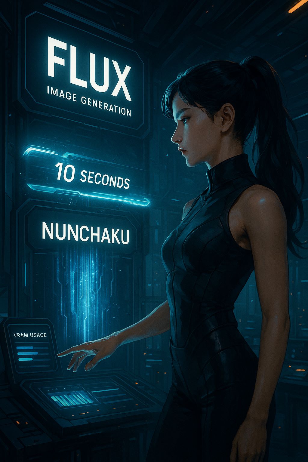 AI 이미지 생성 인터페이스를 조작하는 여성, Flux와 Nunchaku를 통해 고속 이미지 생성 기술을 시각화한 미래지향적 일러스트