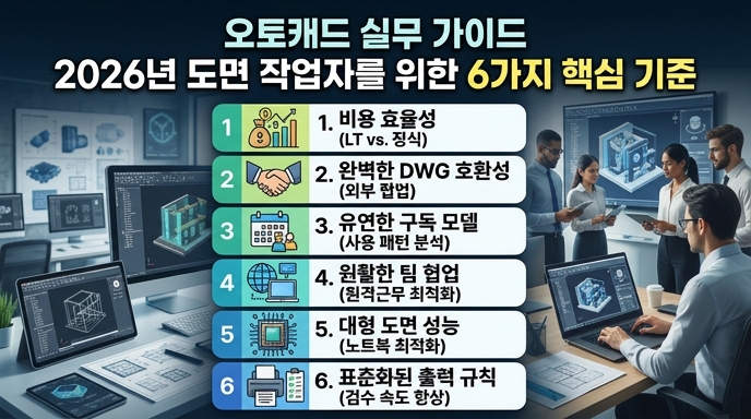 2026년 오토캐드 실무 도입 및 정비를 위한 6가지 핵심 기준(비용, DWG 호환성, 구독 모델, 팀 협업, 대형 도면 성능, 출력 규칙)을 시각화한 전문적인 인포그래픽 썸네일.