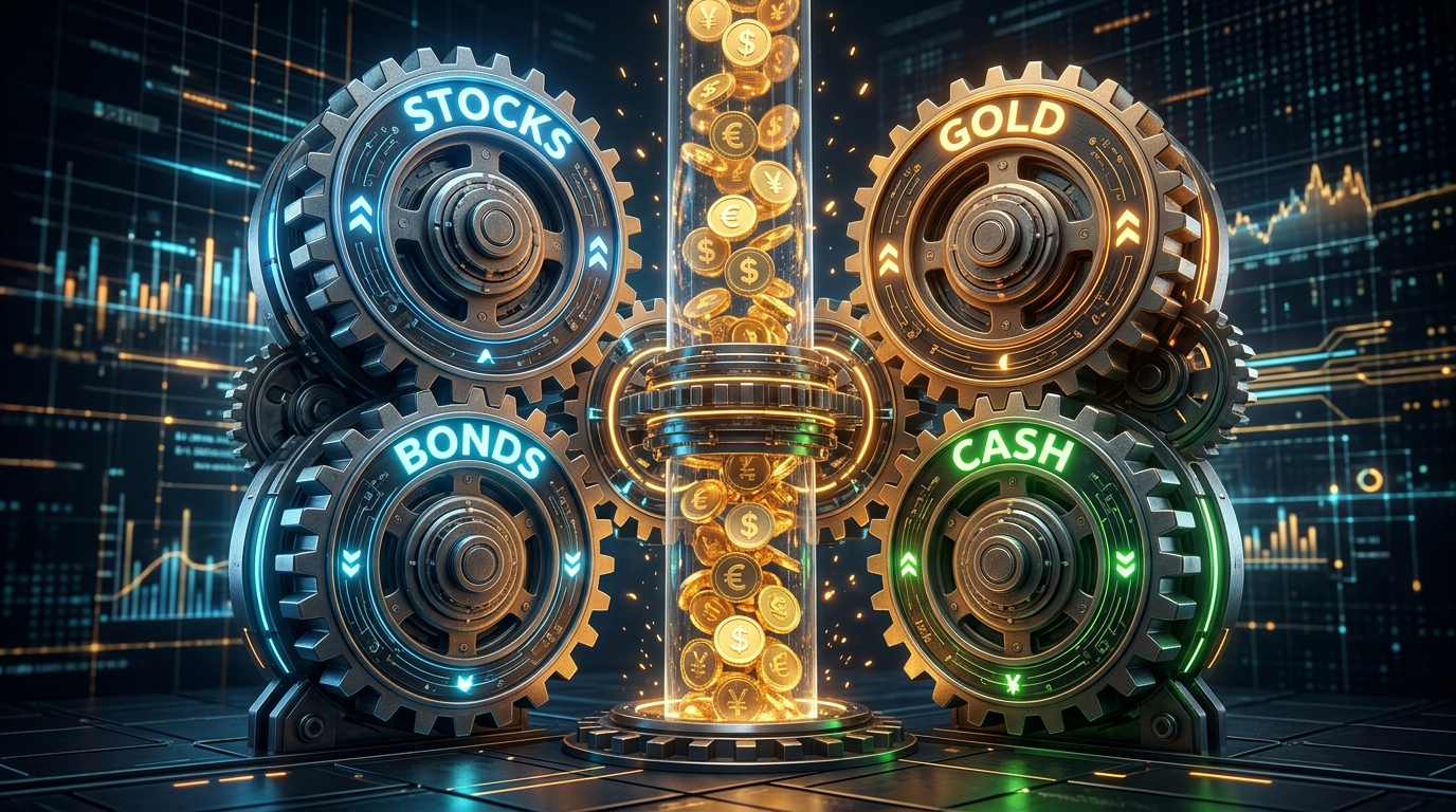 금, 주식, 채권이 서로 연결되어 거대한 톱니바퀴처럼 맞물려 돌아가며 자산을 불리는 인포그래픽