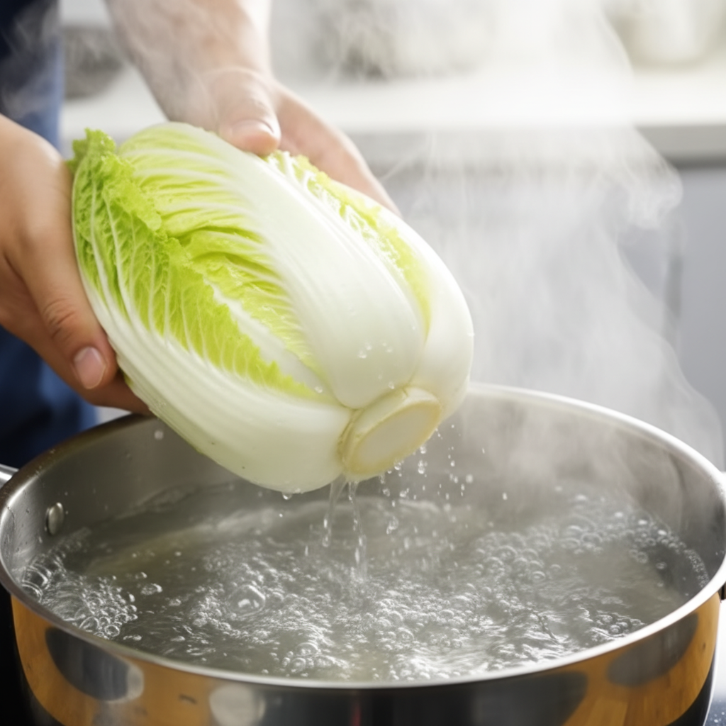 끓는 물에 알배추 뿌리부터 데치는 모습