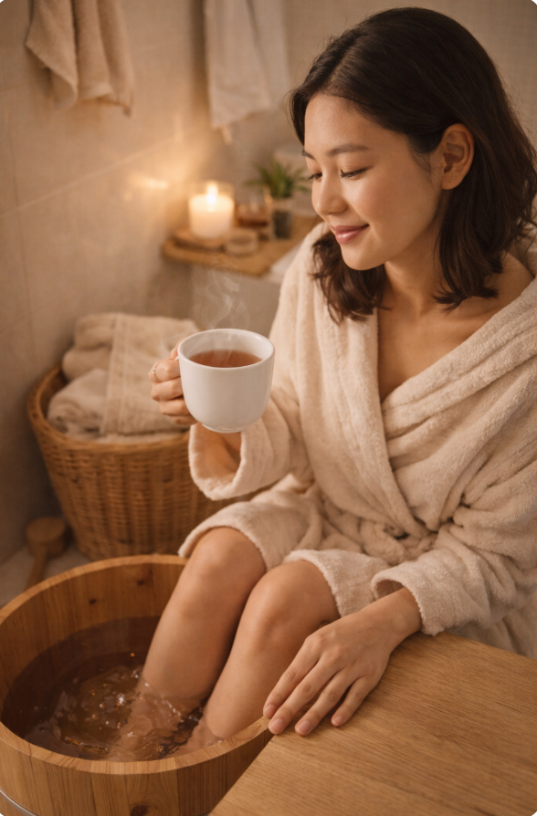 목욕 가운을 입은 여성이 따뜻한 차를 마시며 족욕을 즐기고 있는 모습. 따뜻한 조명과 편안한 분위기의 욕실에서 휴식을 취하고 있다.