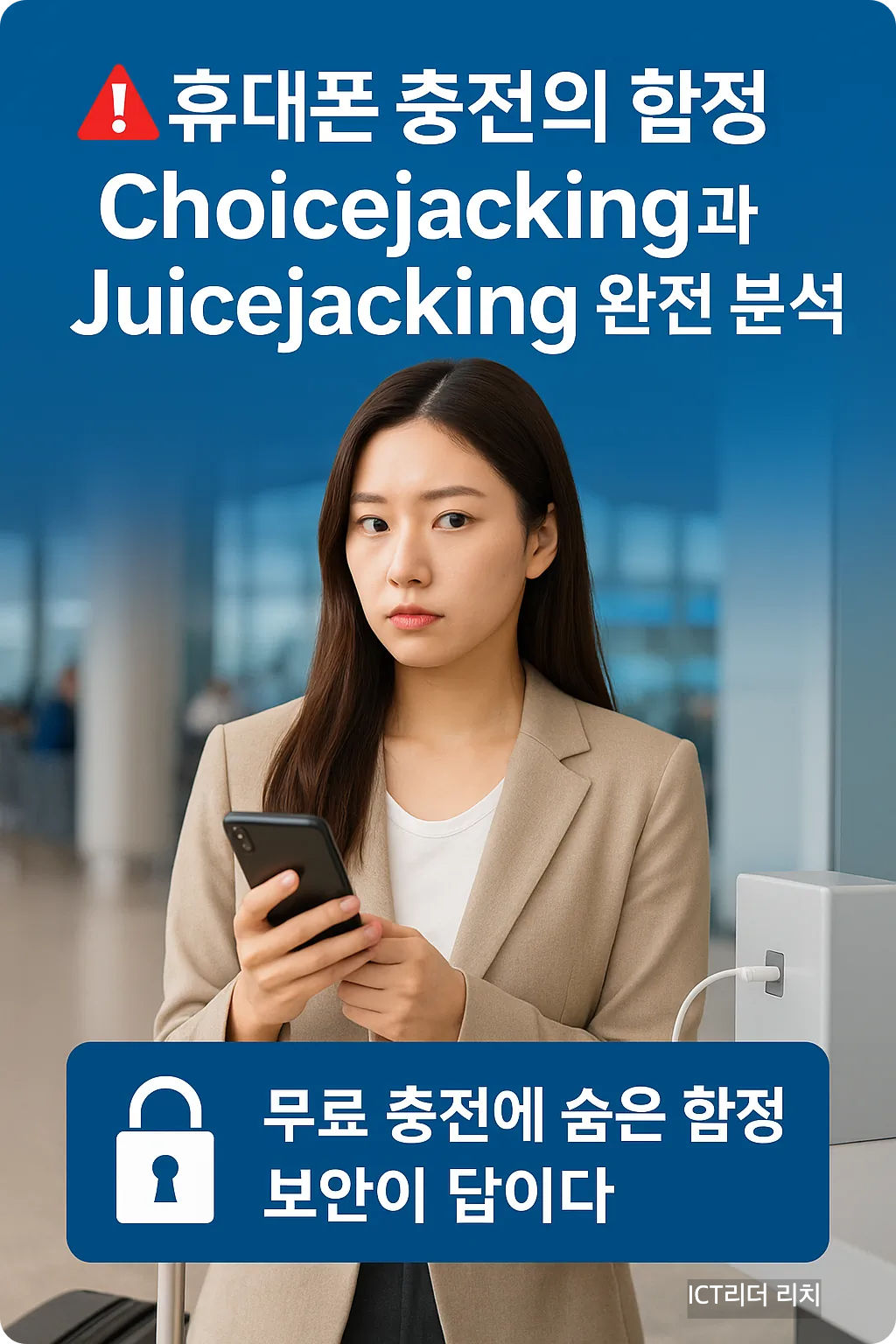공항 충전대에서 스마트폰을 들고 경계하는 20대 여성, Choicejacking·Juicejacking 보안 경고 인포그래픽