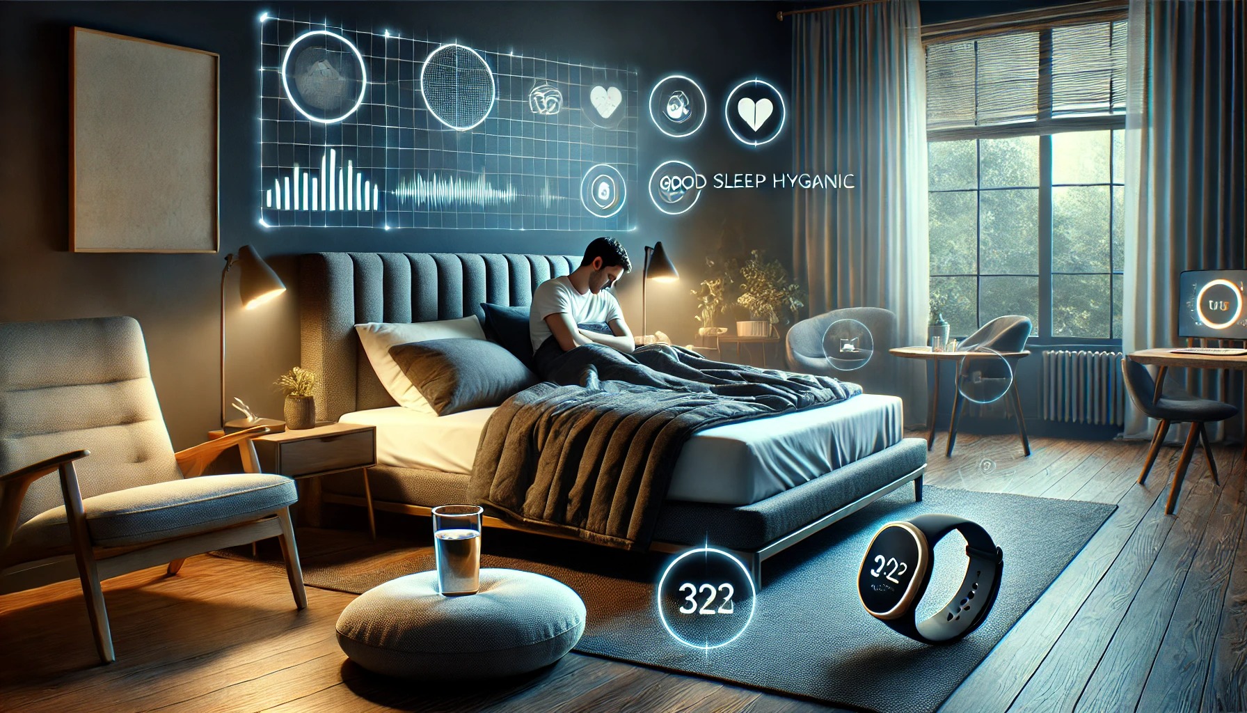 푹 자기 위한 침대, 베개, 담요, 조명 램프, 커텐 등등