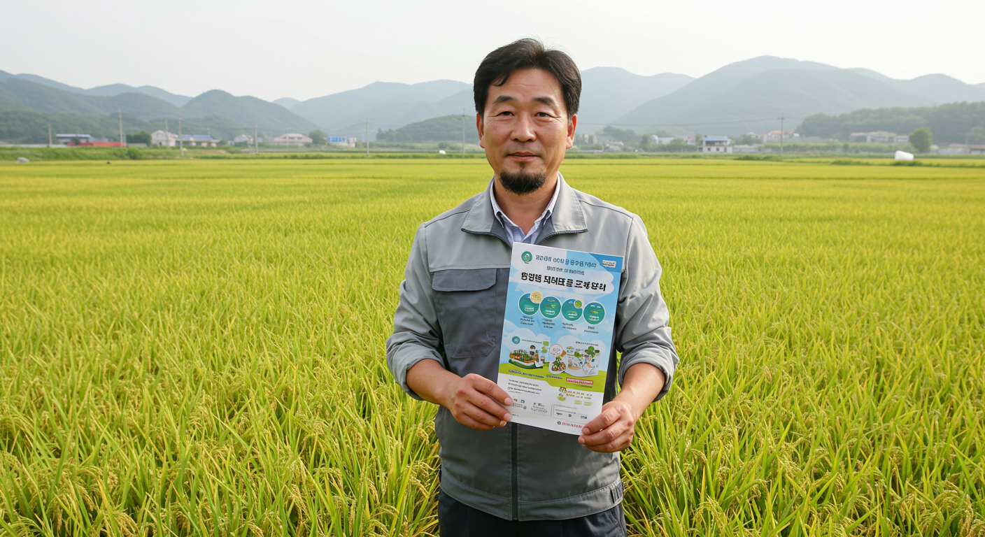 농지에서 재테크 템플릿 들고 있는 아저씨 사진