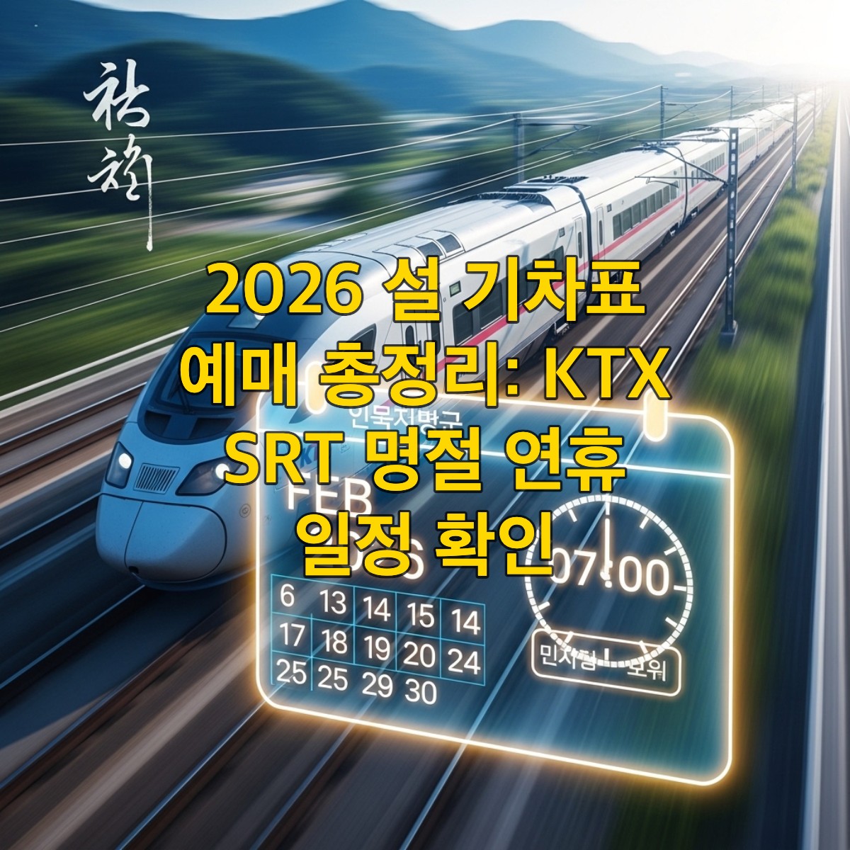 2026년 설날 기차표 예매를 위한 KTX와 SRT 고속열차의 역동적인 모습과 디지털 달력, 시계가 어우러져 긴박함을 표현하는 이미지